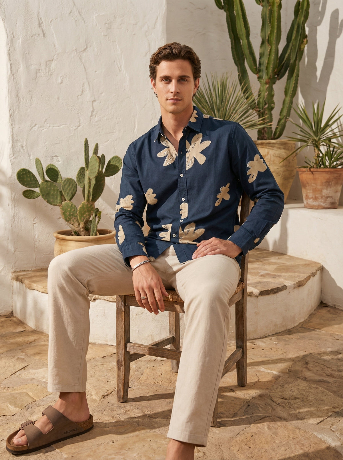 Navy Blue Floral Print Cotton Spread Collar Shirt For Men