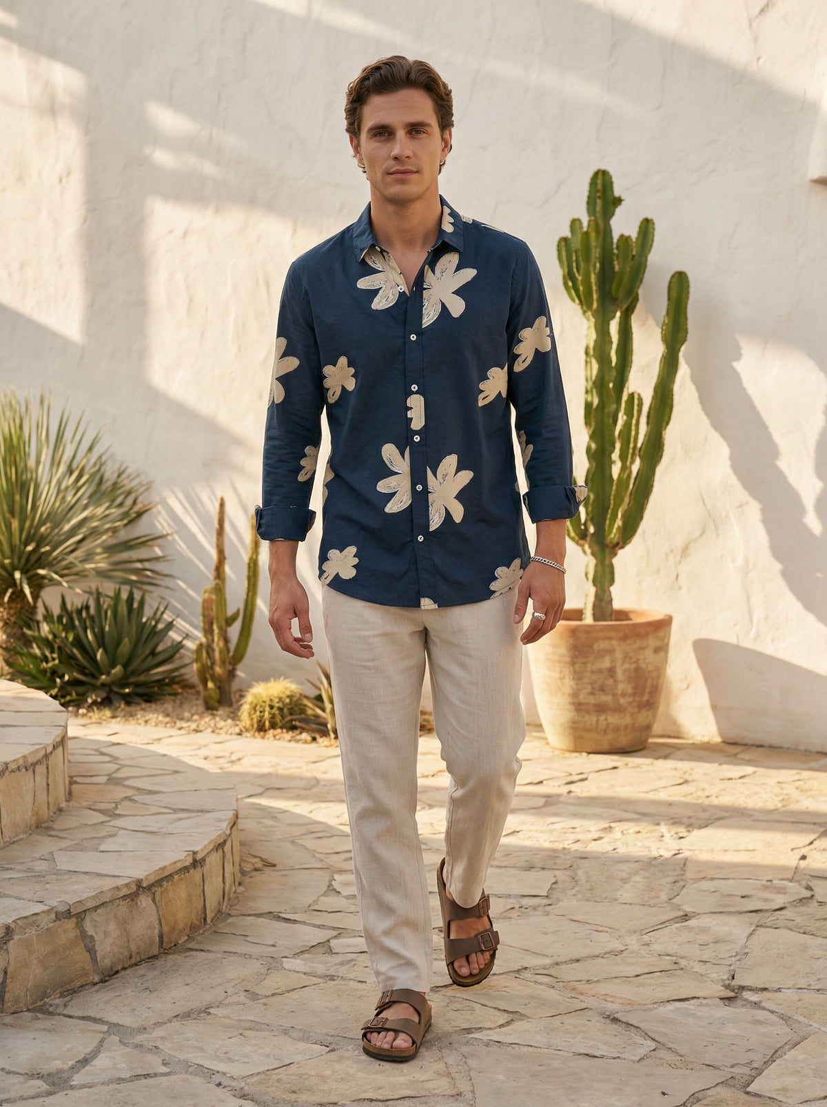 Navy Blue Floral Print Cotton Spread Collar Shirt For Men
