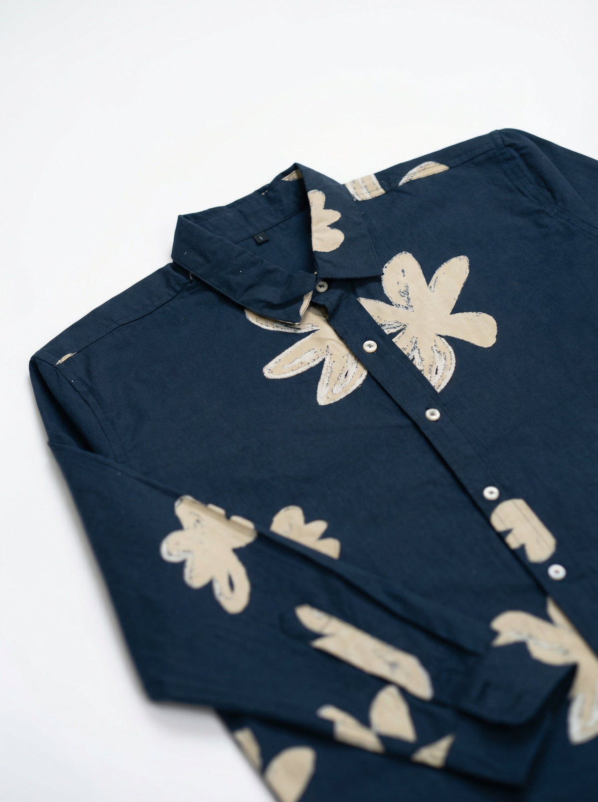 Navy Blue Floral Print Cotton Spread Collar Shirt For Men