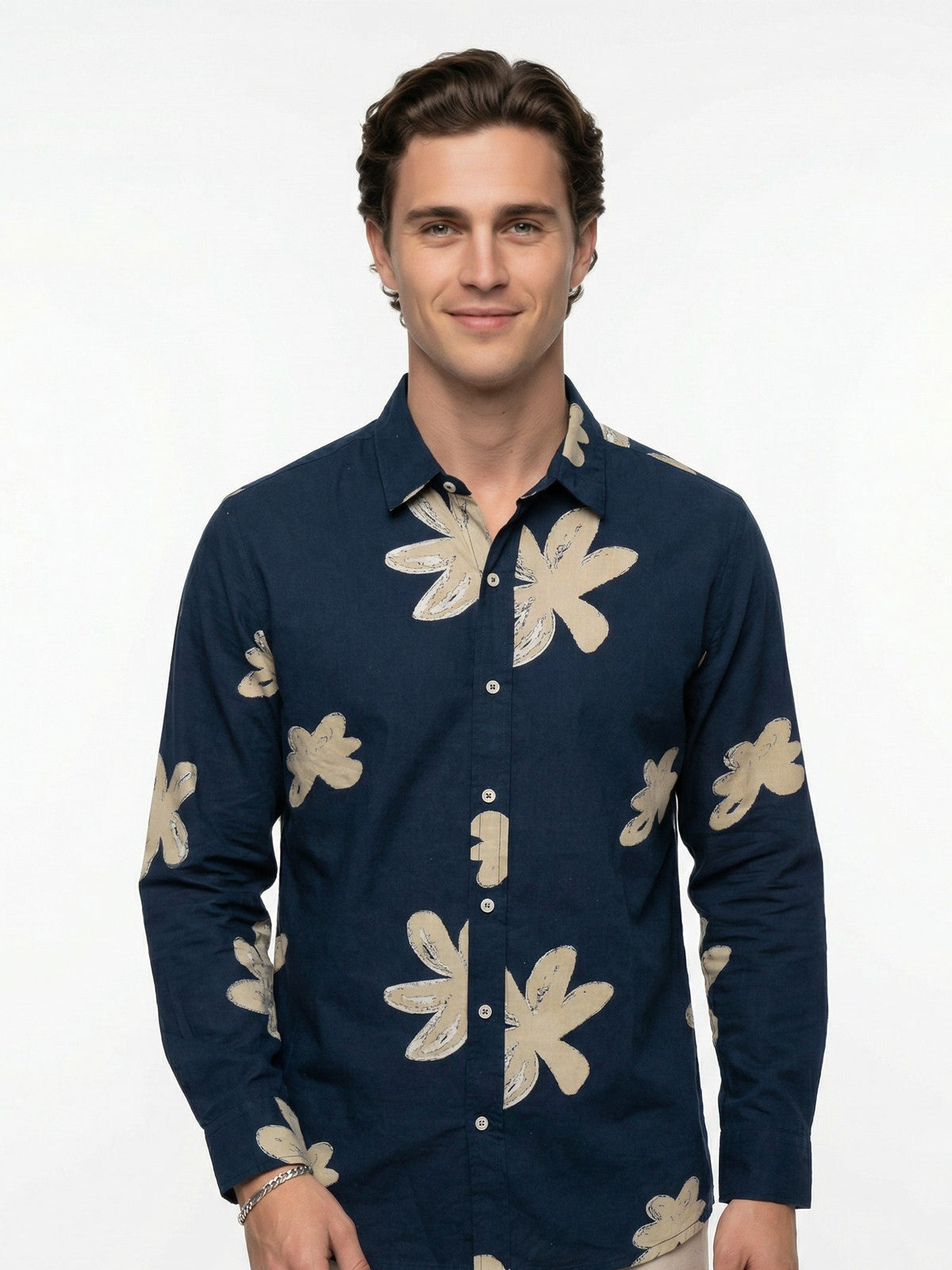 Navy Blue Floral Print Cotton Spread Collar Shirt For Men
