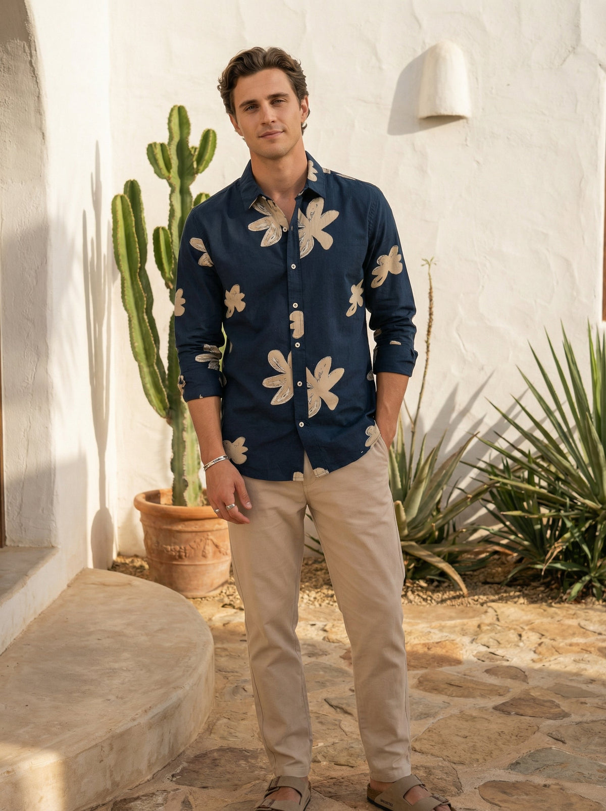 Navy Blue Floral Print Cotton Spread Collar Shirt For Men
