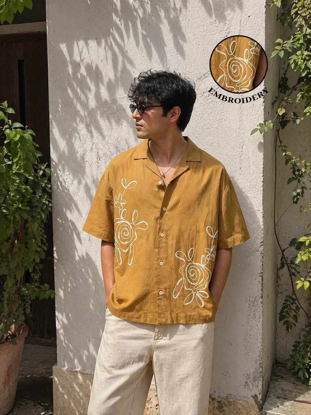 Mustard Laple Collar Half Sleeve Embroidered Cotton Casual Shirt For Men