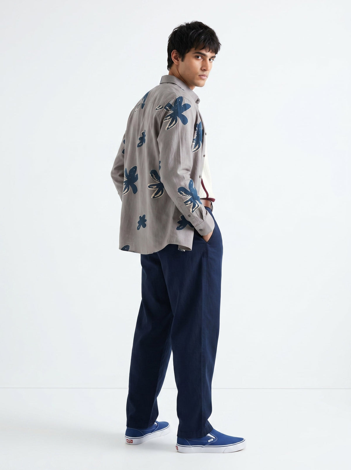 Grey Floral Print Spread Collar Cotton Shirt For Men