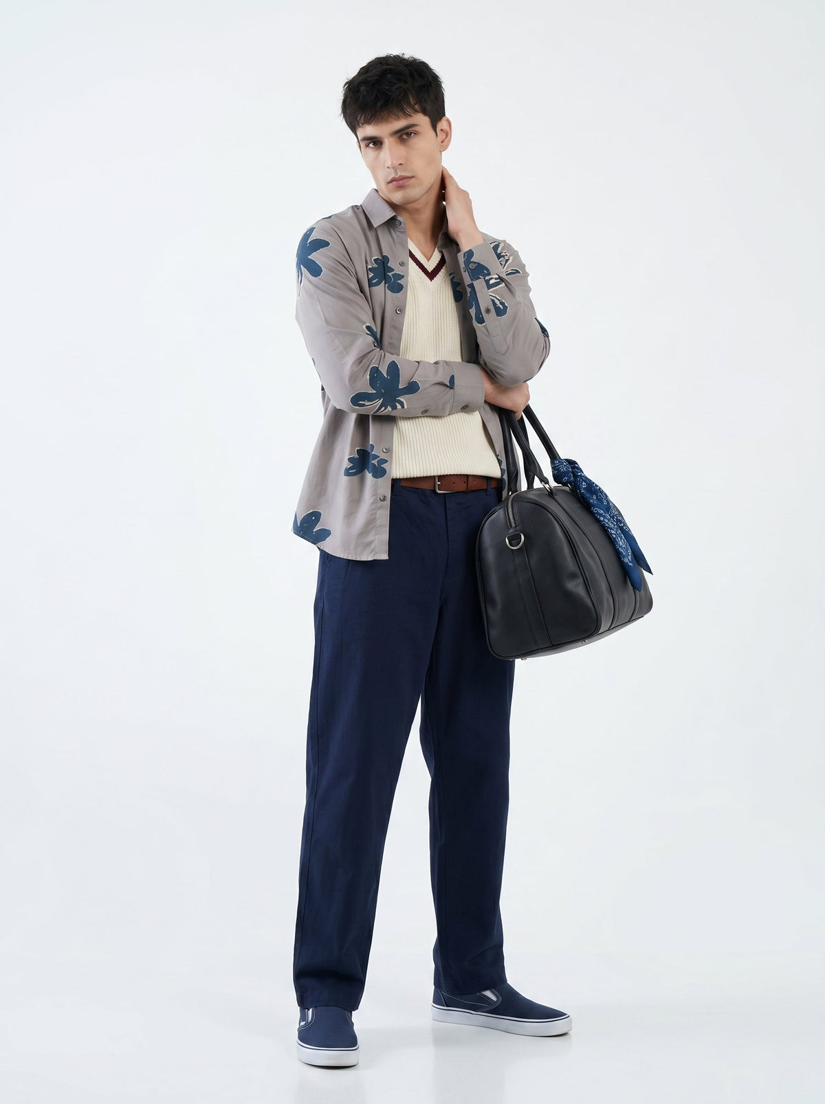 Grey Floral Print Spread Collar Cotton Shirt For Men