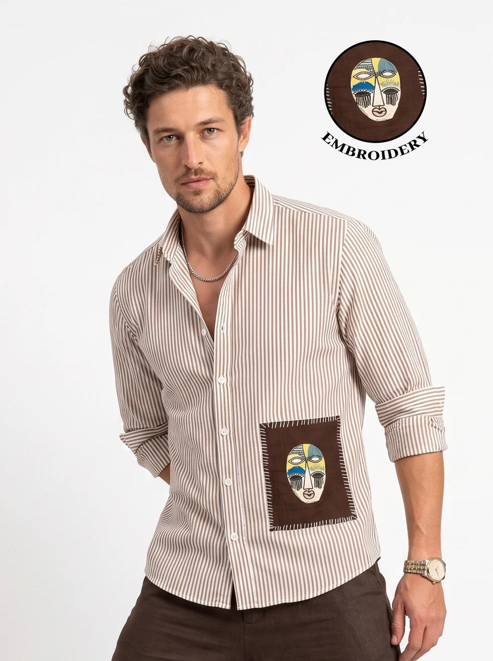 White Embroidred Striped Print Cotton Band Collar Shirt For Men