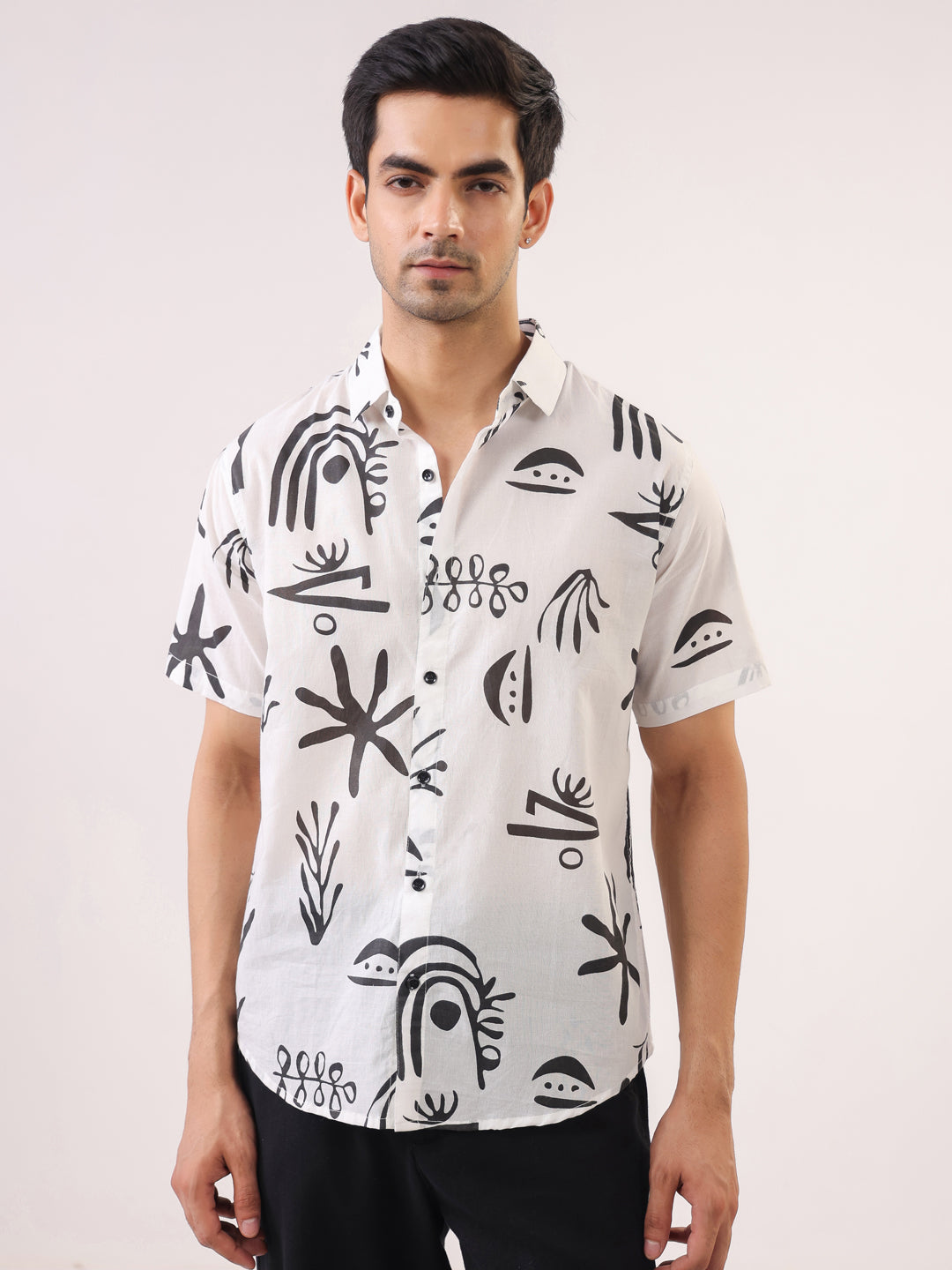 White Abstract Print Cotton Band Collar Shirt For Men