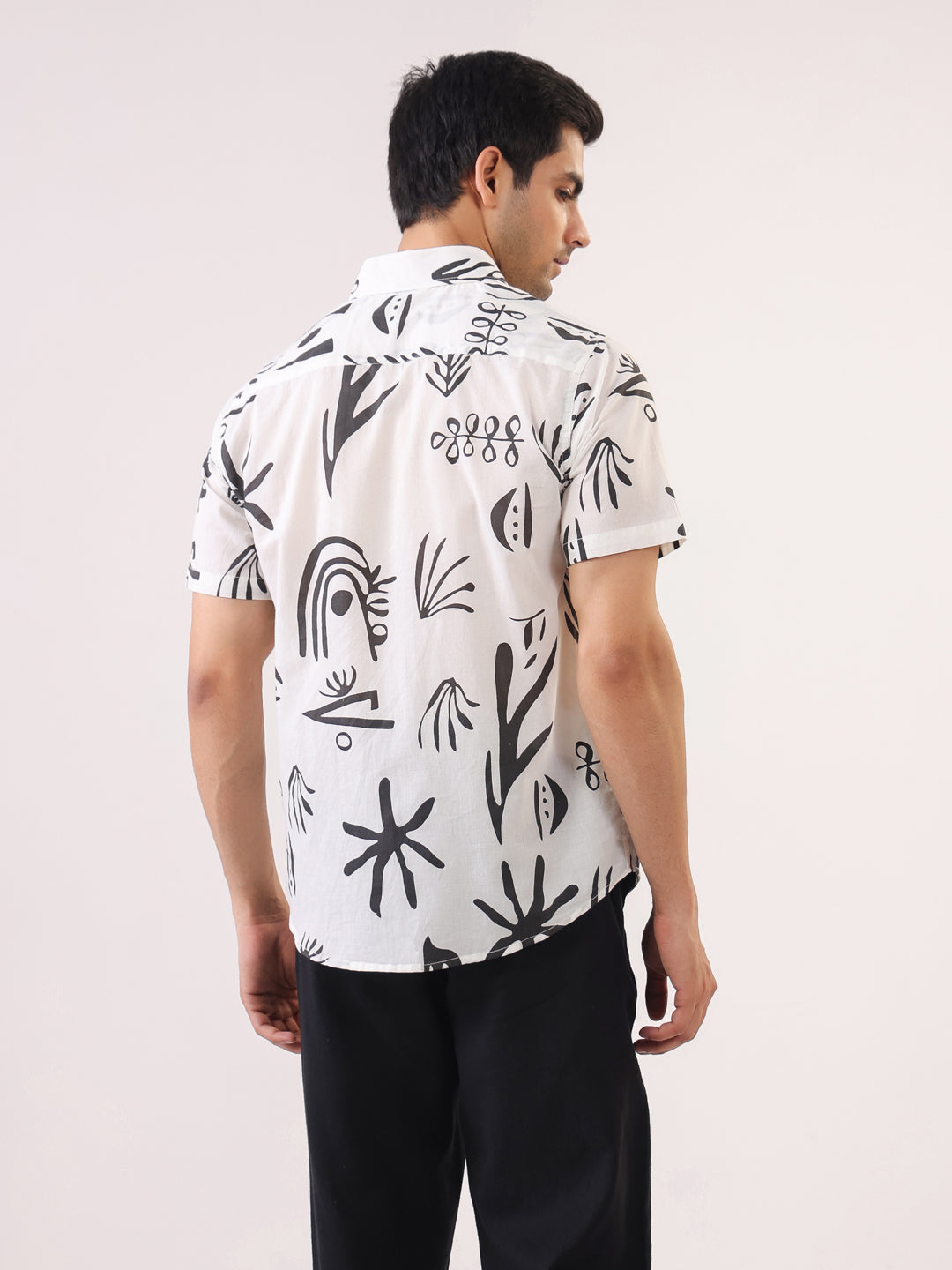 White Abstract Print Cotton Band Collar Shirt For Men