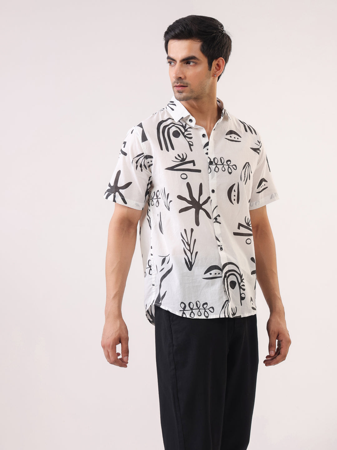 White Abstract Print Cotton Band Collar Shirt For Men