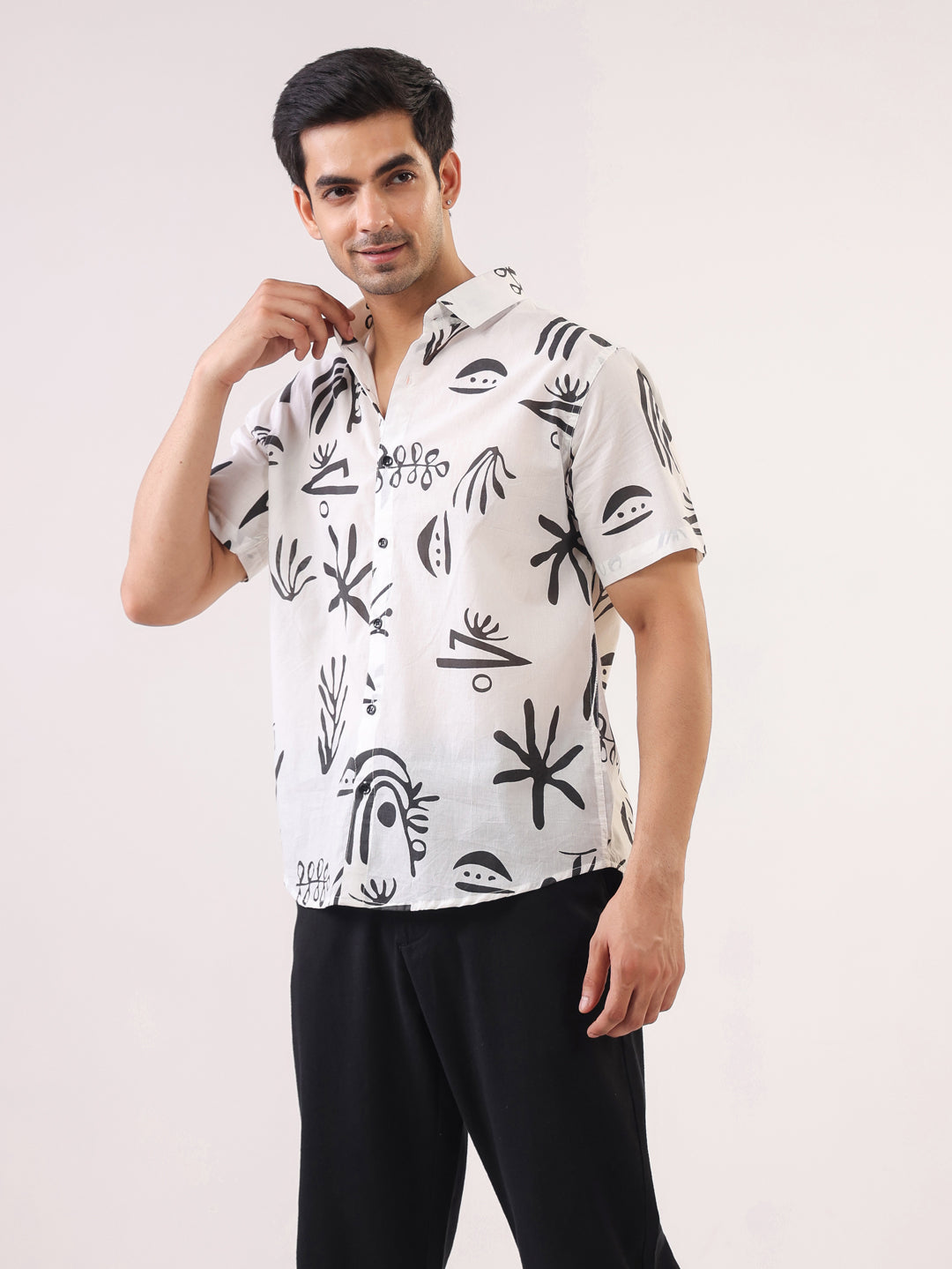 White Abstract Print Cotton Band Collar Shirt For Men