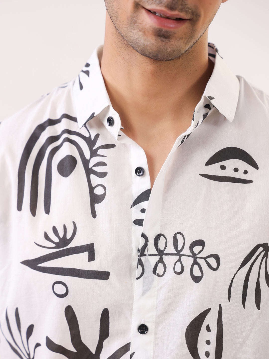 White Abstract Print Cotton Band Collar Shirt For Men