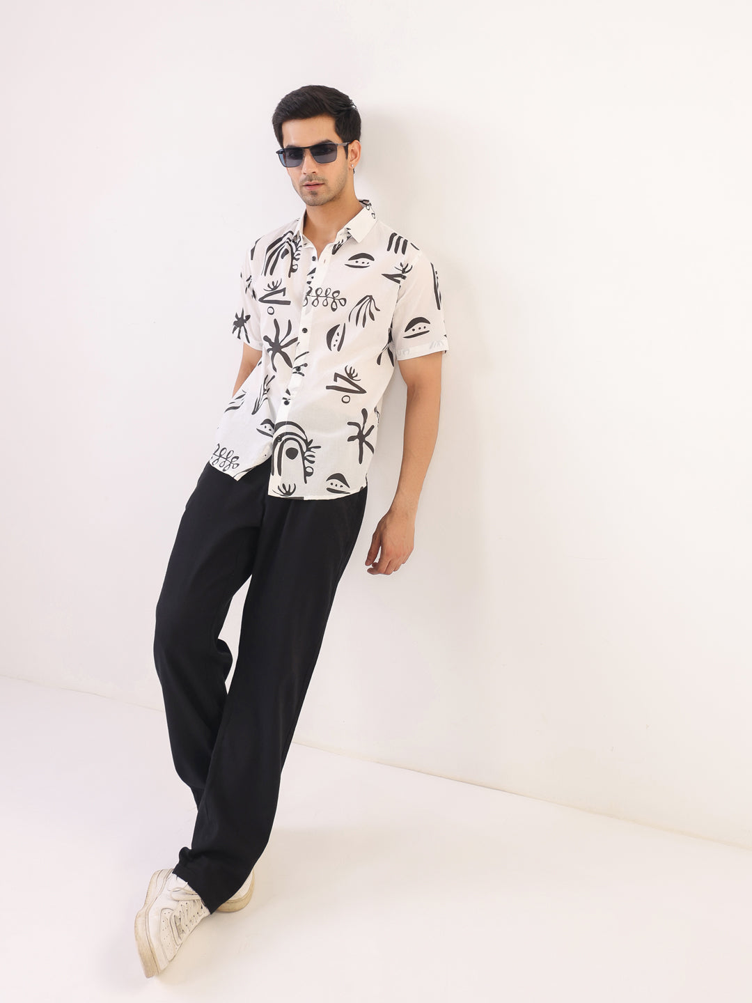 White Abstract Print Cotton Band Collar Shirt For Men