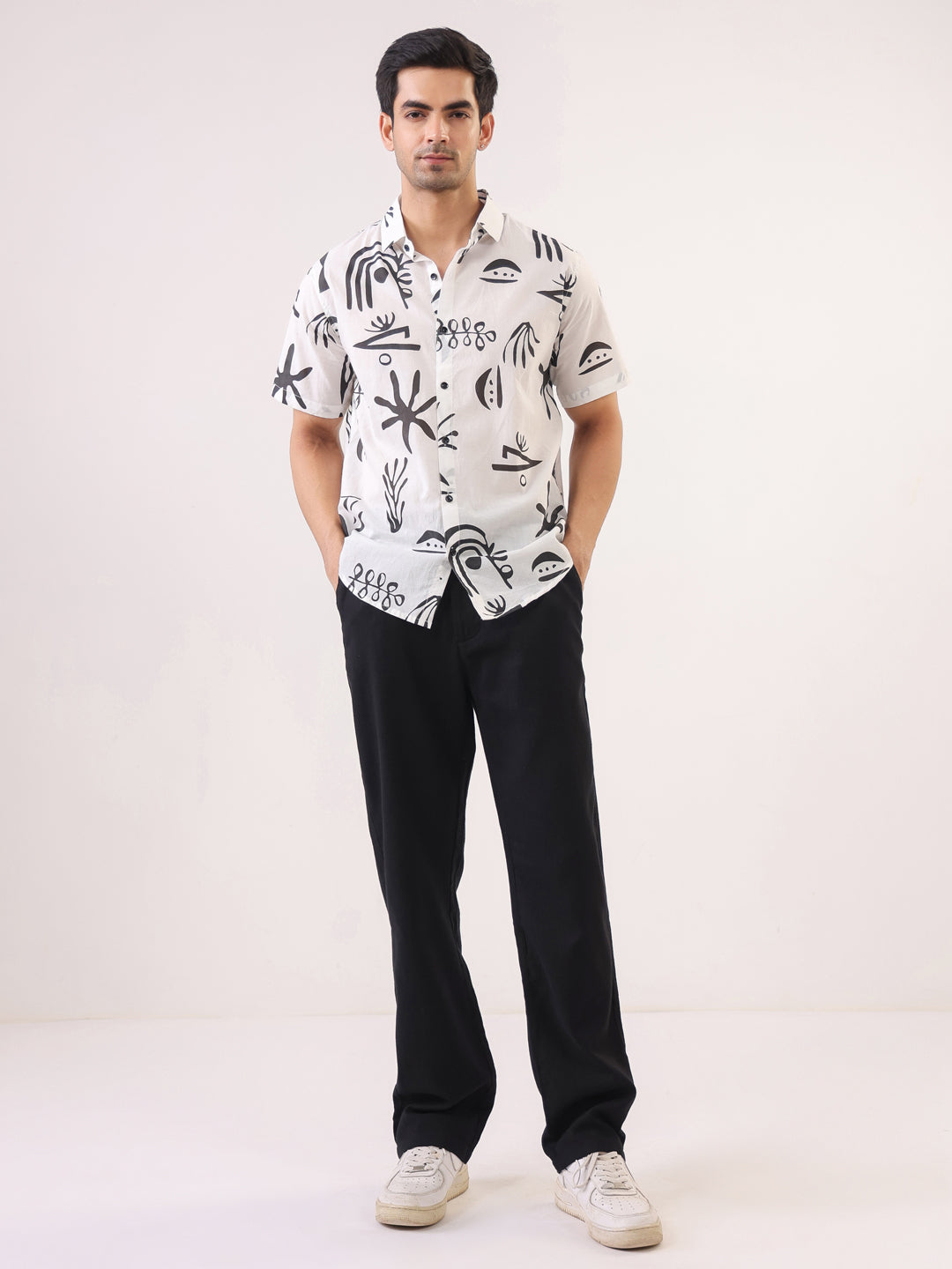 White Abstract Print Cotton Band Collar Shirt For Men