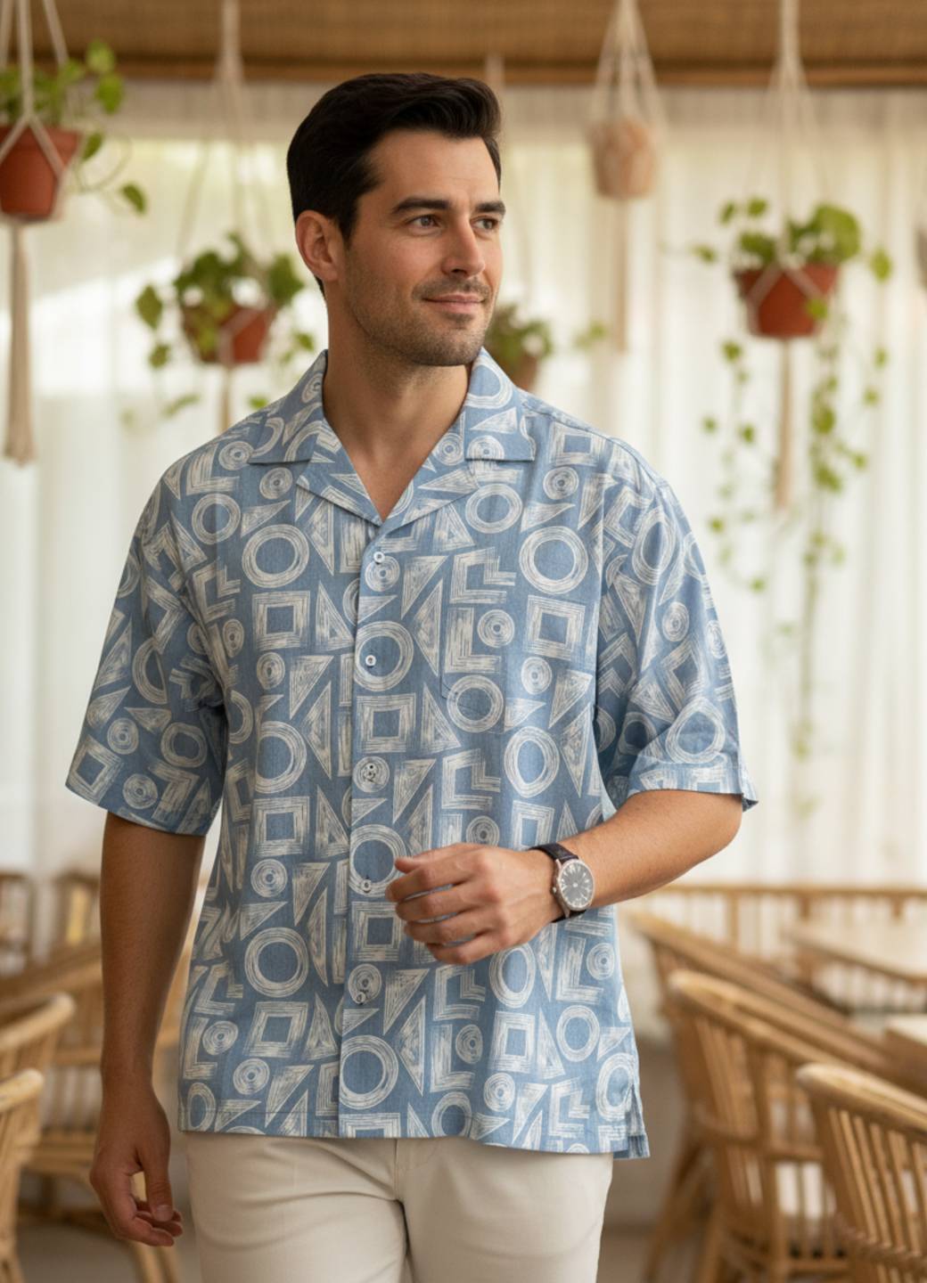 Blue Cuban Collar Abstract Print Cotton Shirt For Men