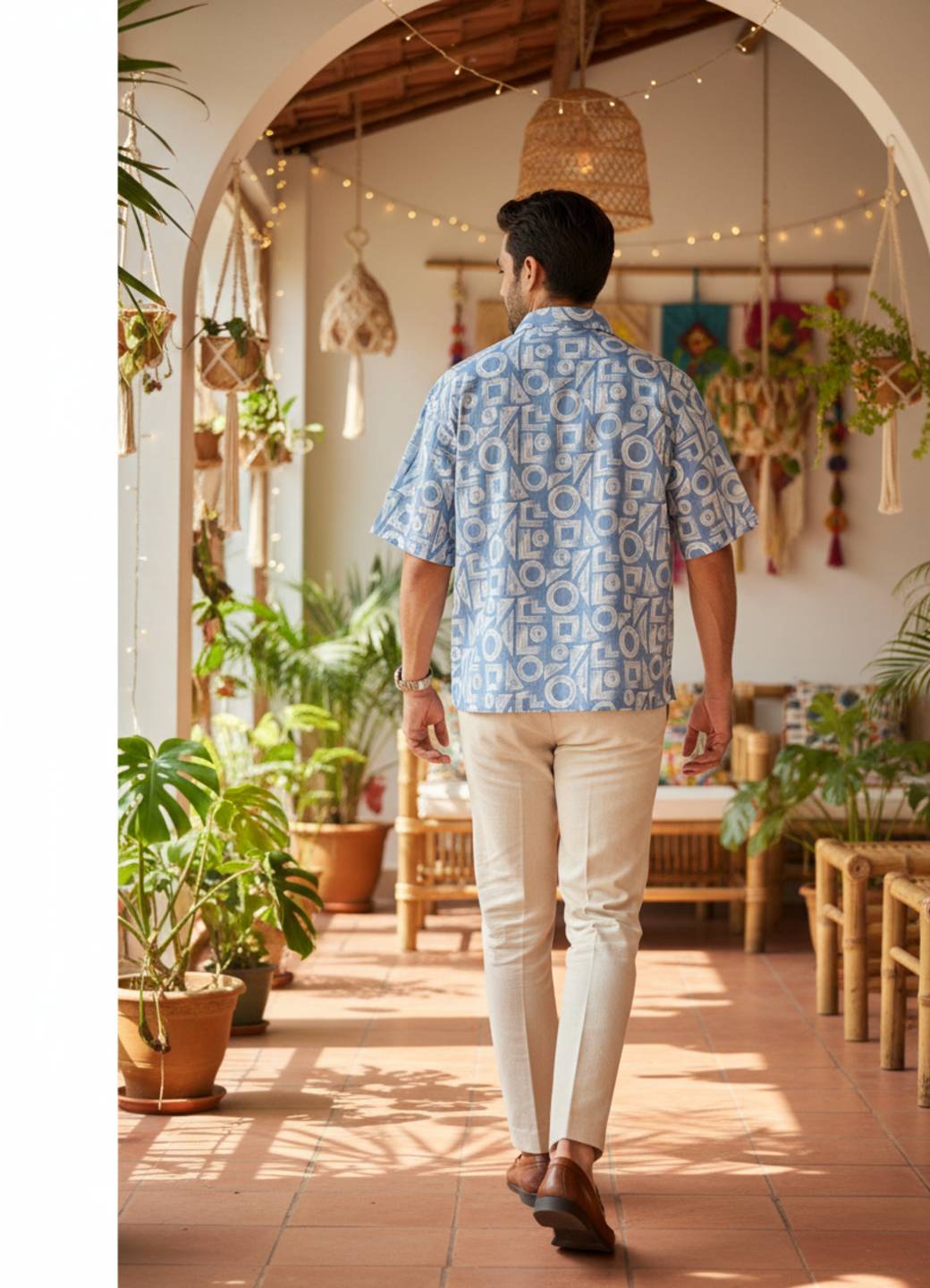 Blue Cuban Collar Abstract Print Cotton Shirt For Men