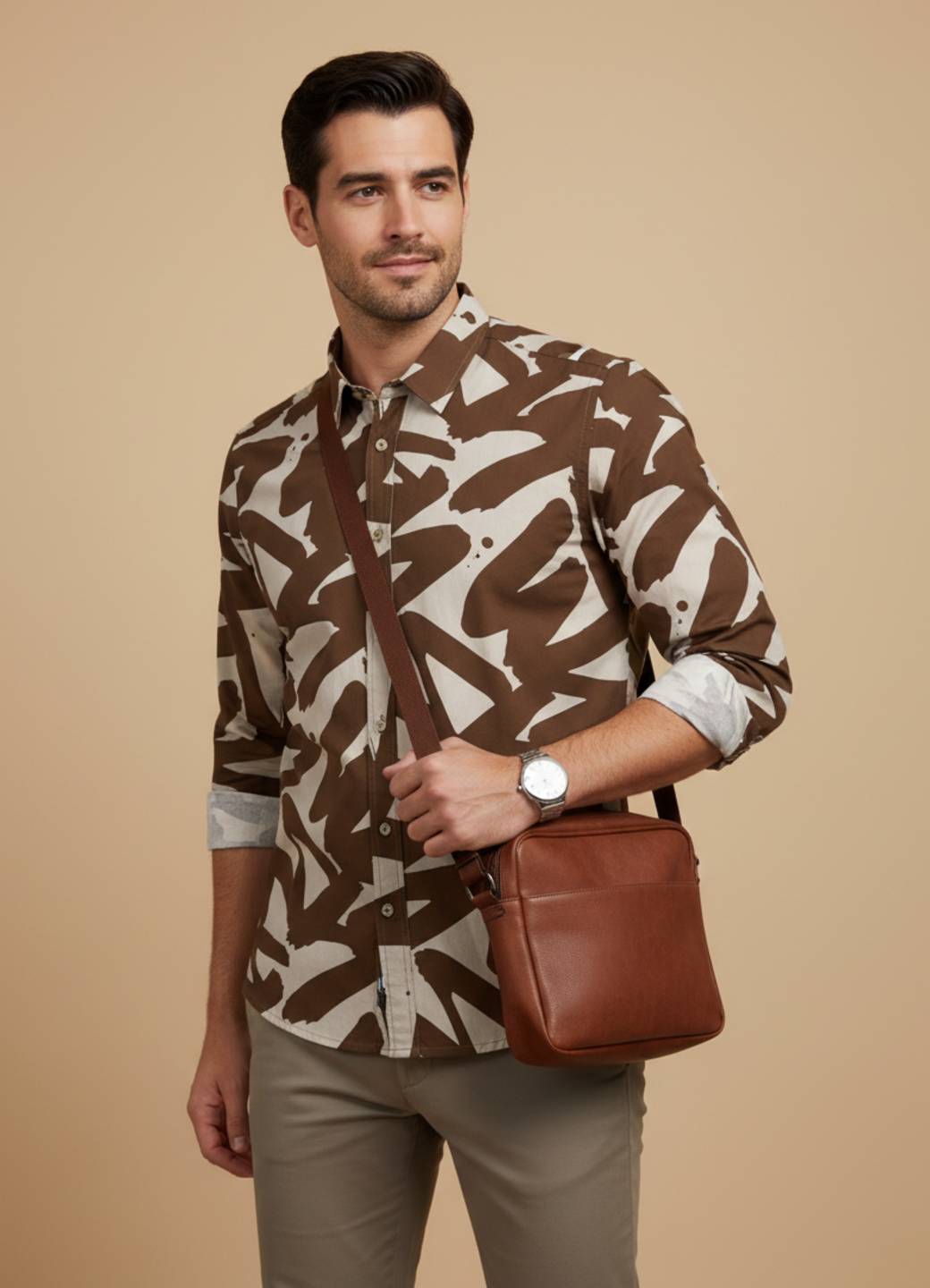 Brown Abstract Cuban Collar Cotton Shirt For Men