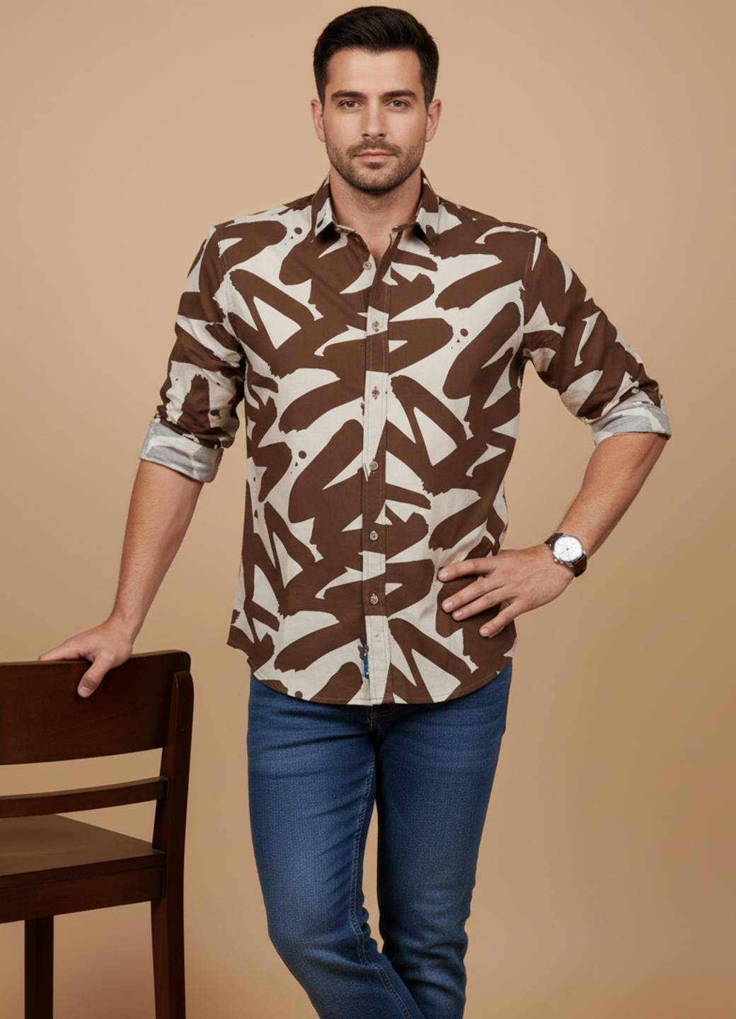 Brown Abstract Cuban Collar Cotton Shirt For Men