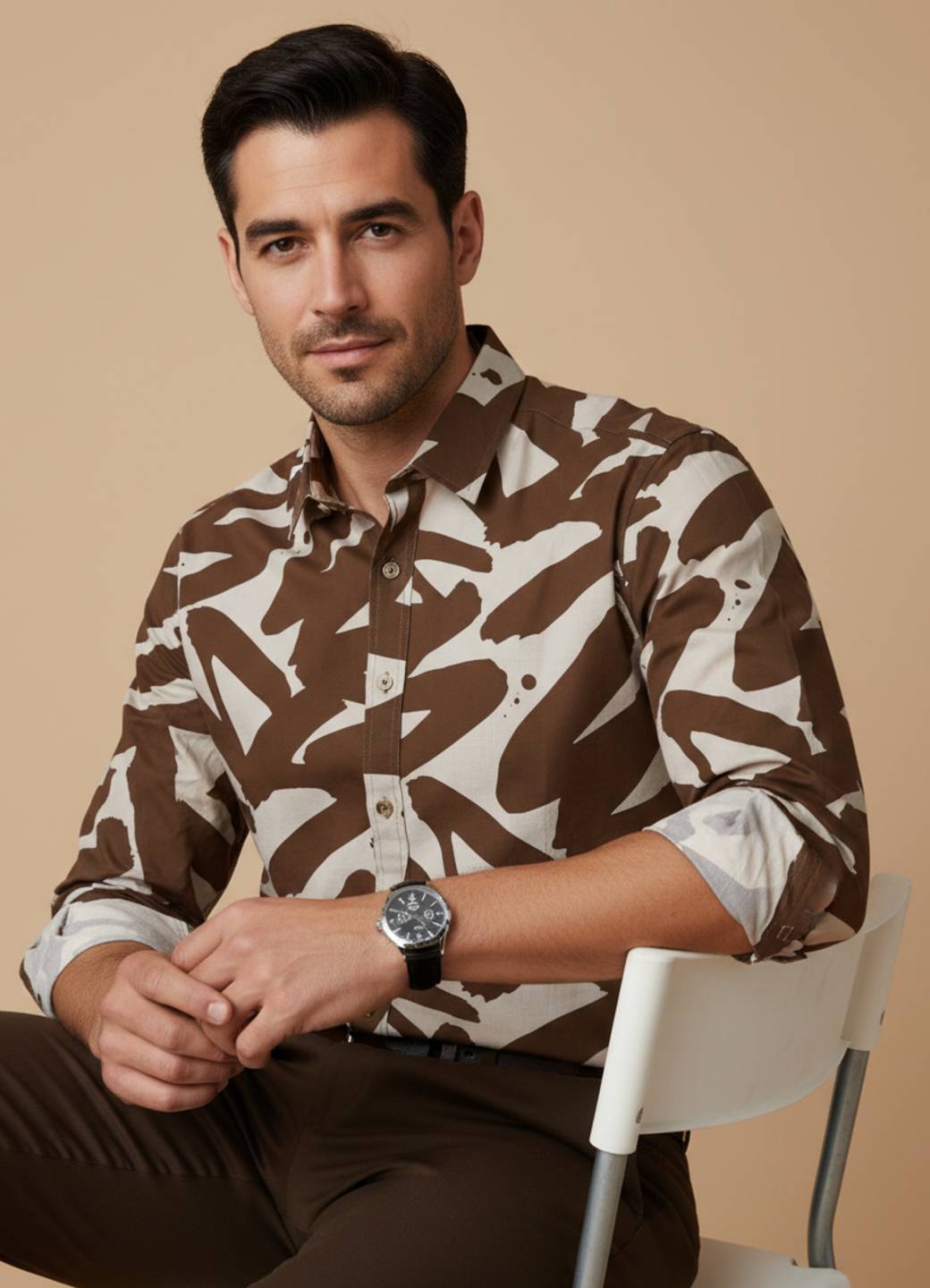 Brown Abstract Cuban Collar Cotton Shirt For Men