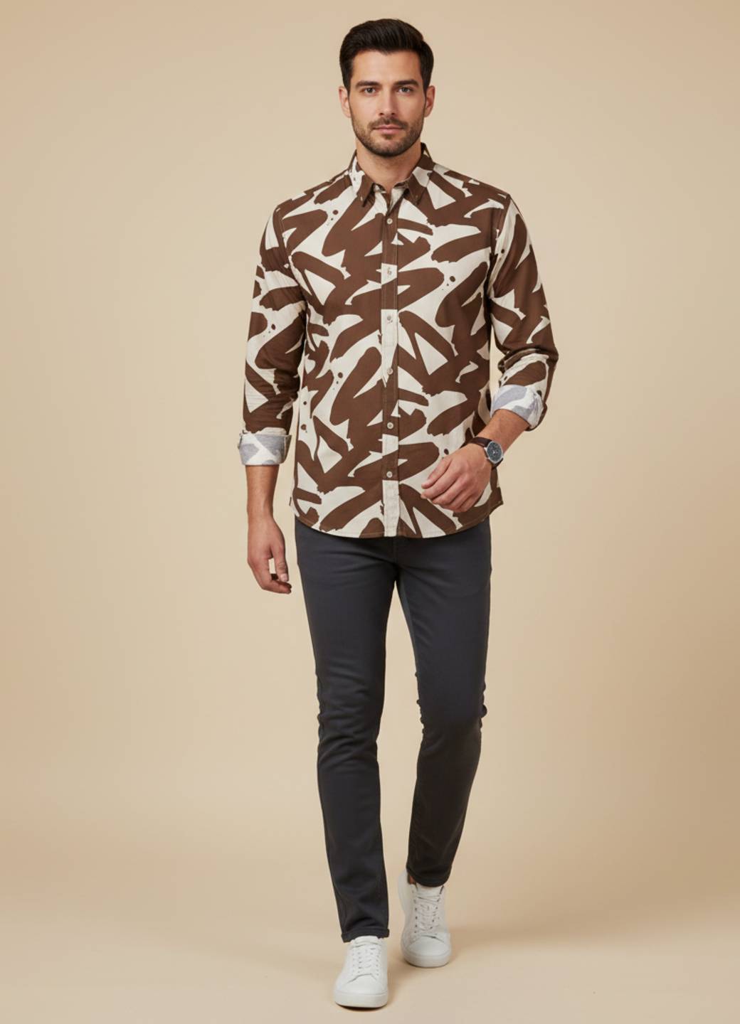 Brown Abstract Cuban Collar Cotton Shirt For Men