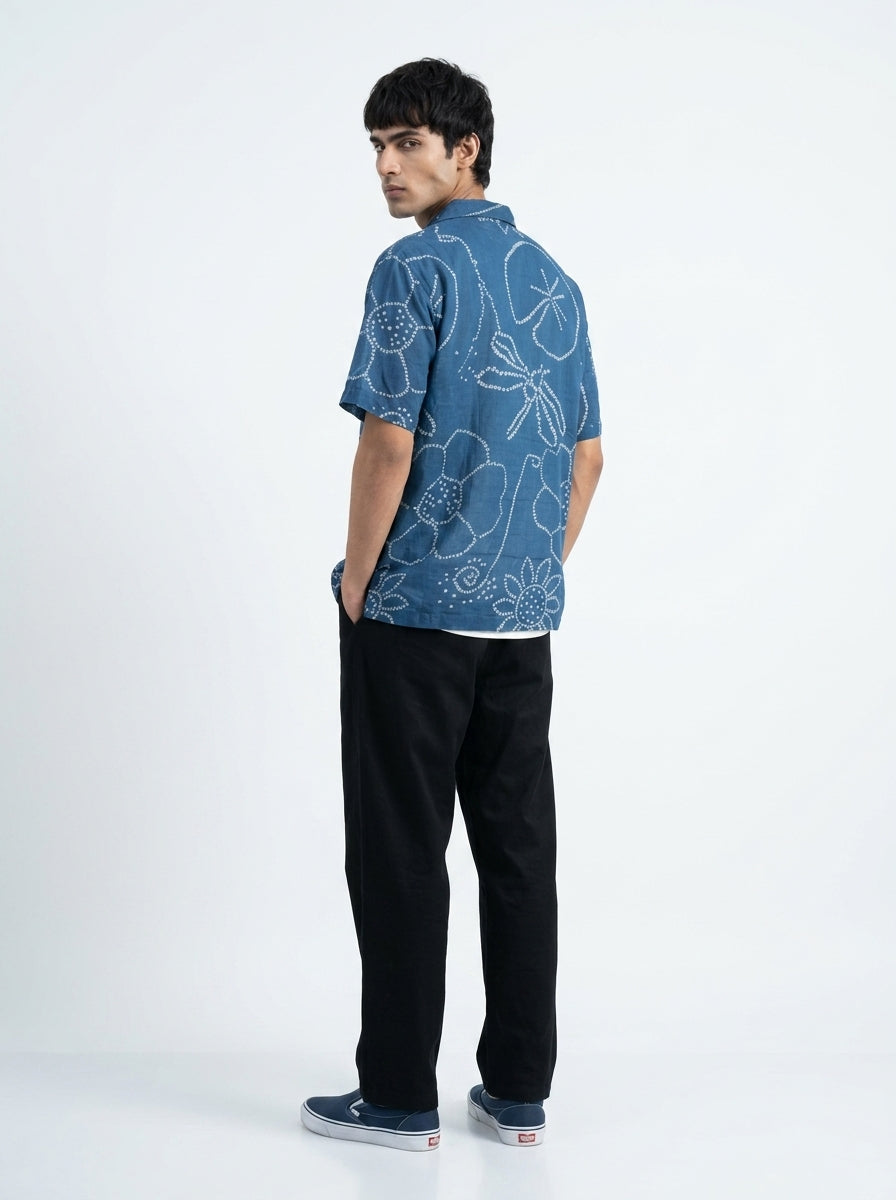 Blue Cuban Collar Bandhani Print Short Sleeve Cotton Shirt For Men