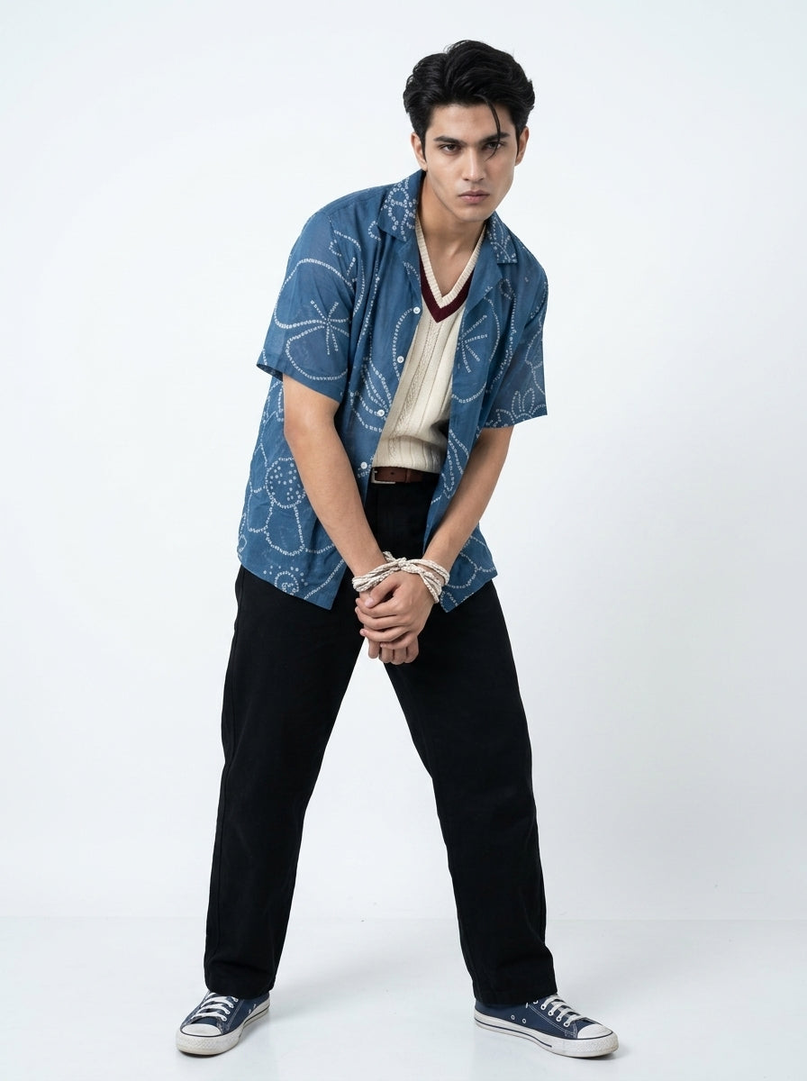 Blue Cuban Collar Bandhani Print Short Sleeve Cotton Shirt For Men