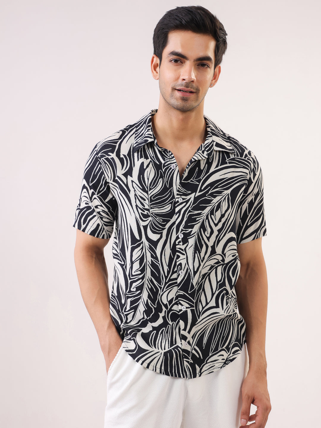 Black Abstract Print Viscose Rayon Band Collar Casual Shirt For Men