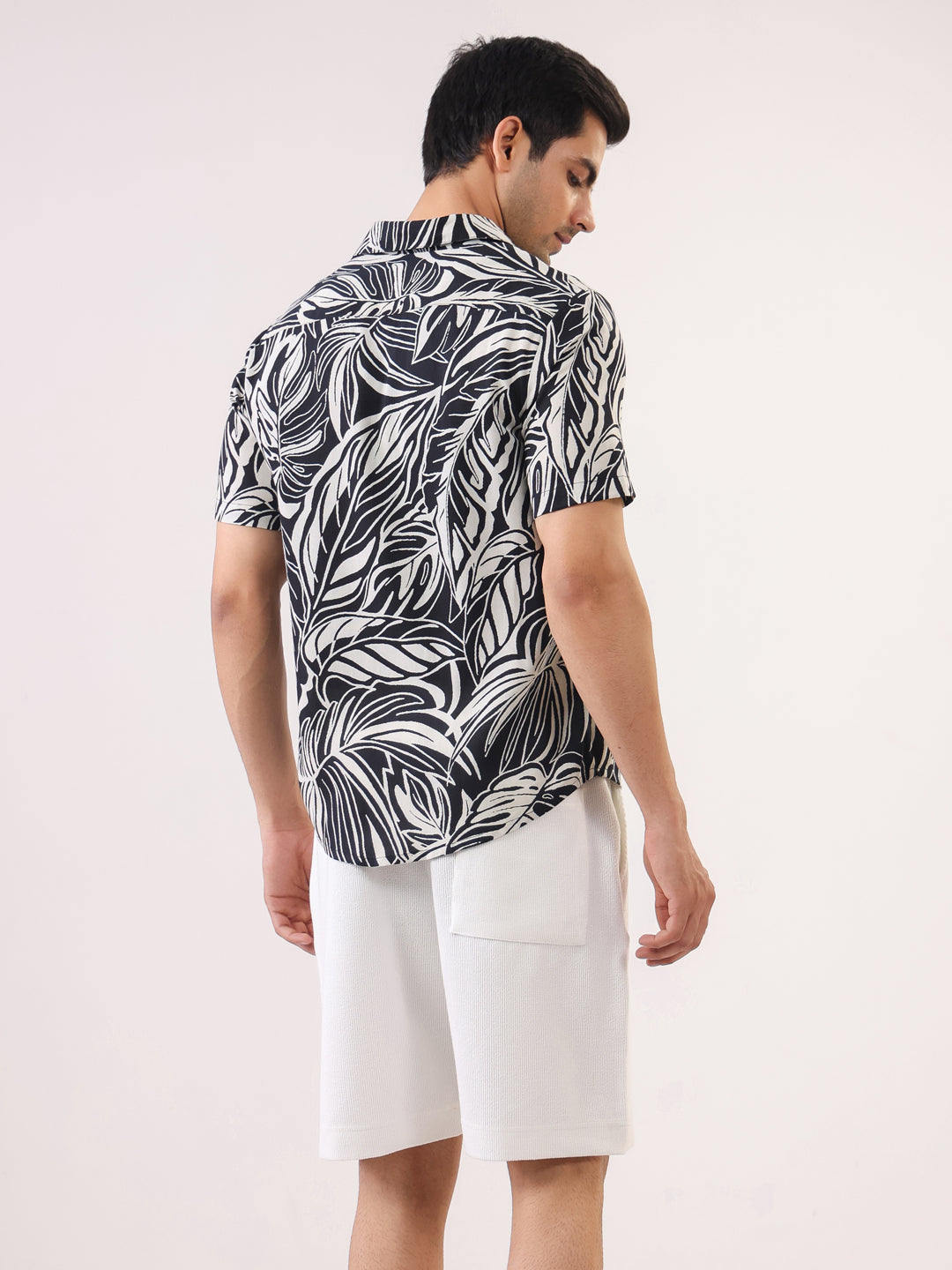 Black Abstract Print Viscose Rayon Band Collar Casual Shirt For Men