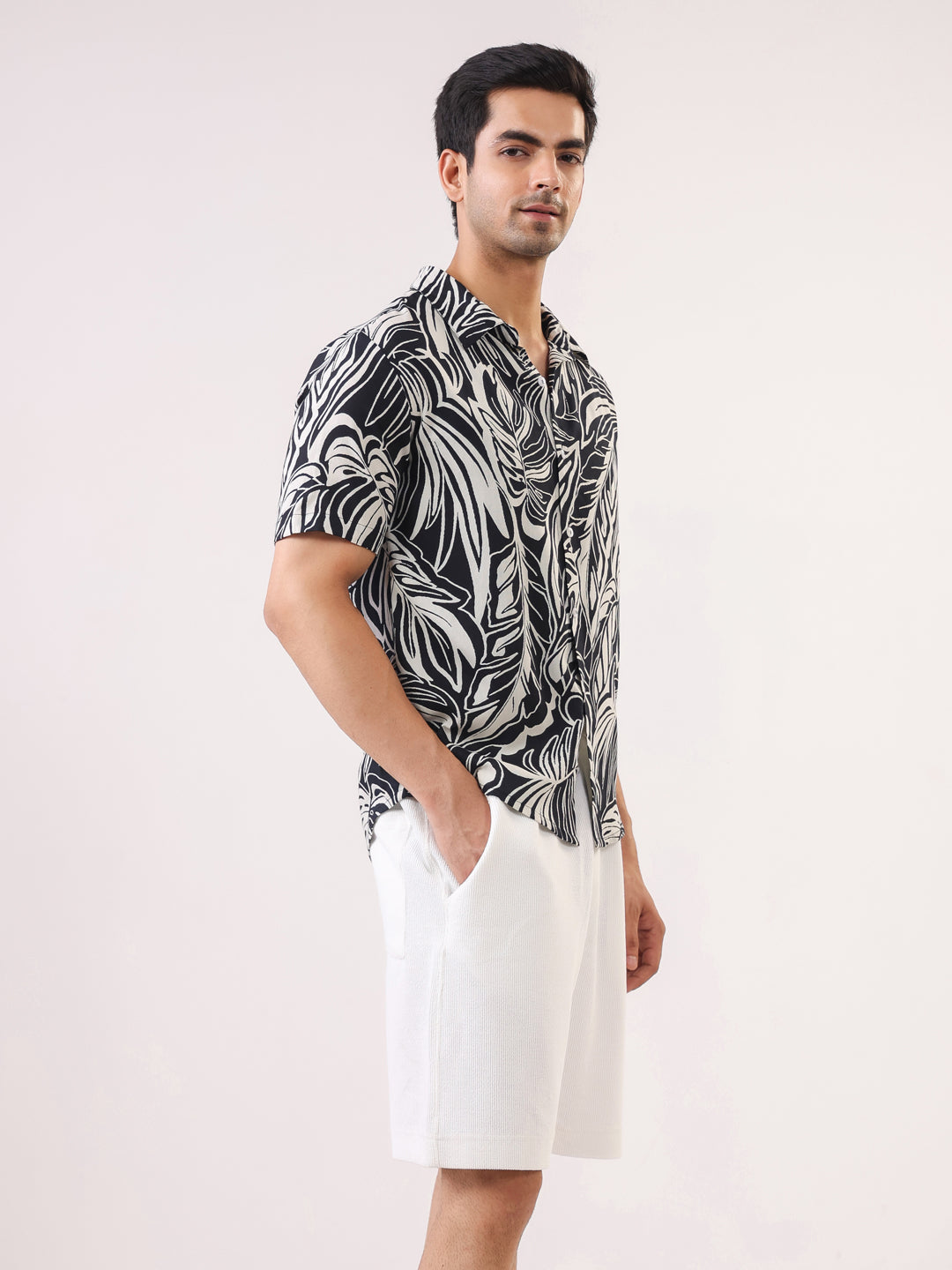 Black Abstract Print Viscose Rayon Band Collar Casual Shirt For Men