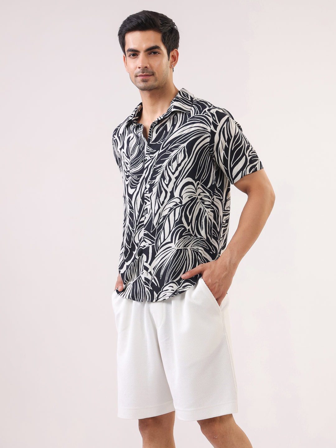 Black Abstract Print Viscose Rayon Band Collar Casual Shirt For Men
