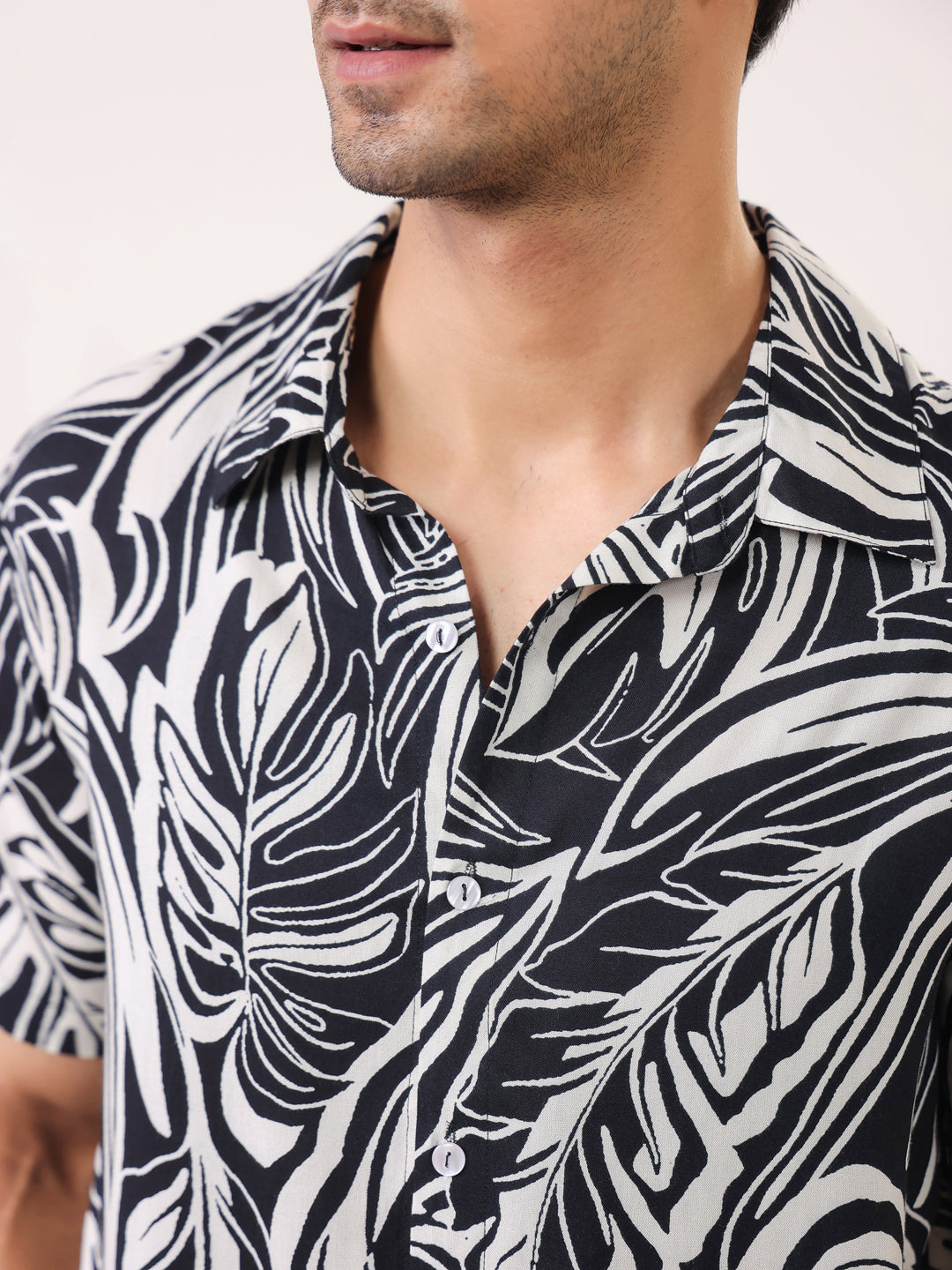 Black Abstract Print Viscose Rayon Band Collar Casual Shirt For Men