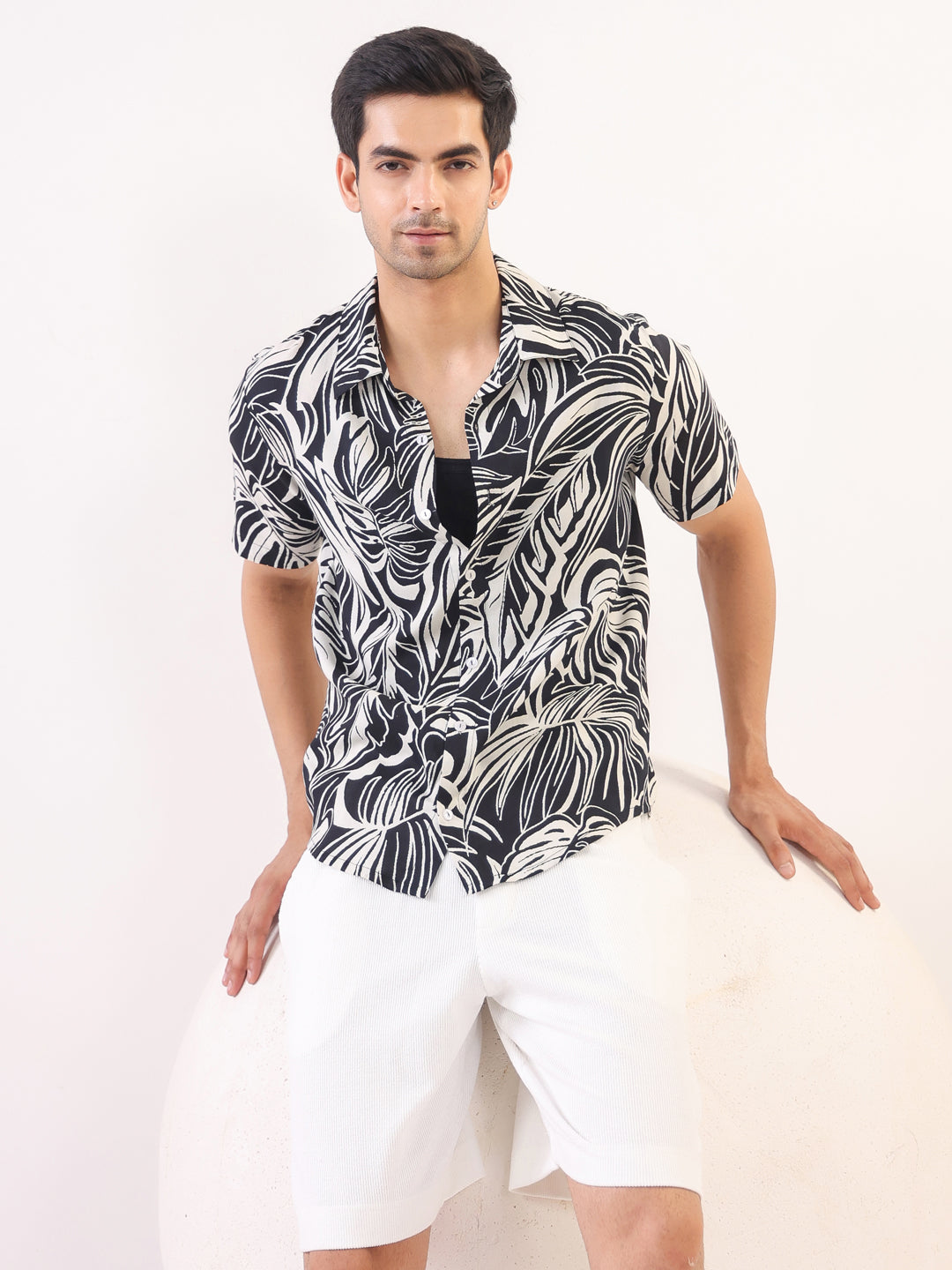 Black Abstract Print Viscose Rayon Band Collar Casual Shirt For Men