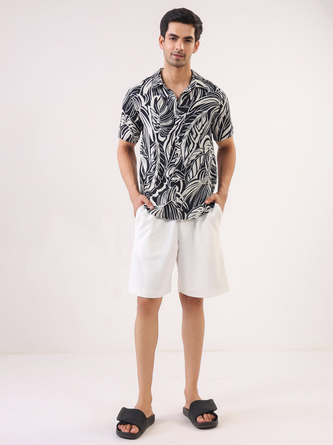 Black Abstract Print Viscose Rayon Band Collar Casual Shirt For Men