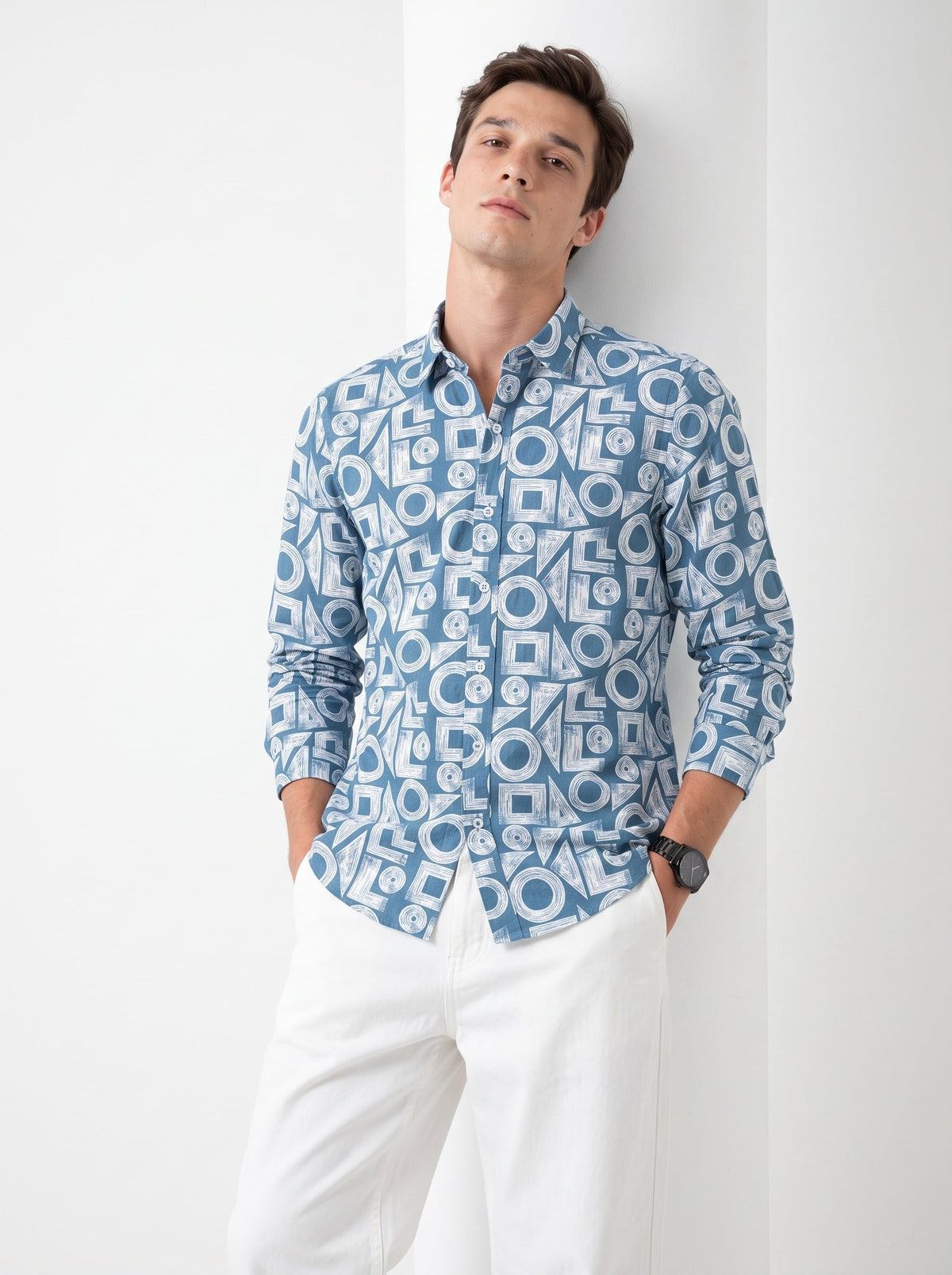 Blue & White Band Collar Geometric Print Cotton Casual Shirt For Men