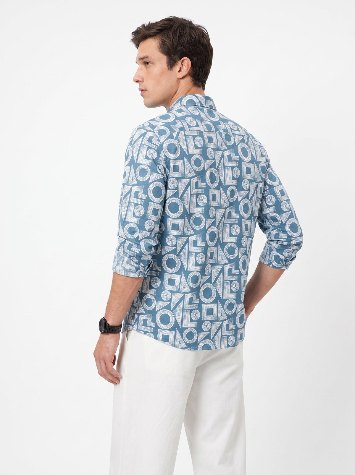 Blue & White Band Collar Geometric Print Cotton Casual Shirt For Men
