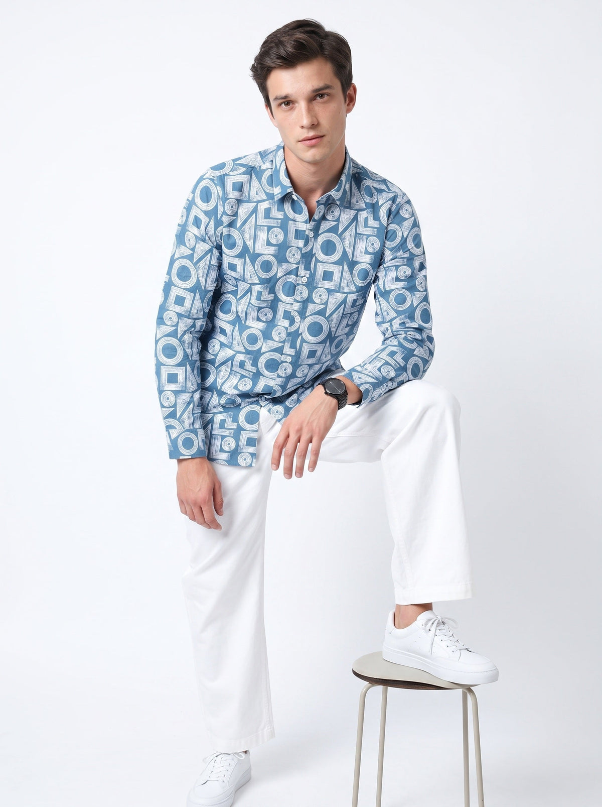 Blue & White Band Collar Geometric Print Cotton Casual Shirt For Men