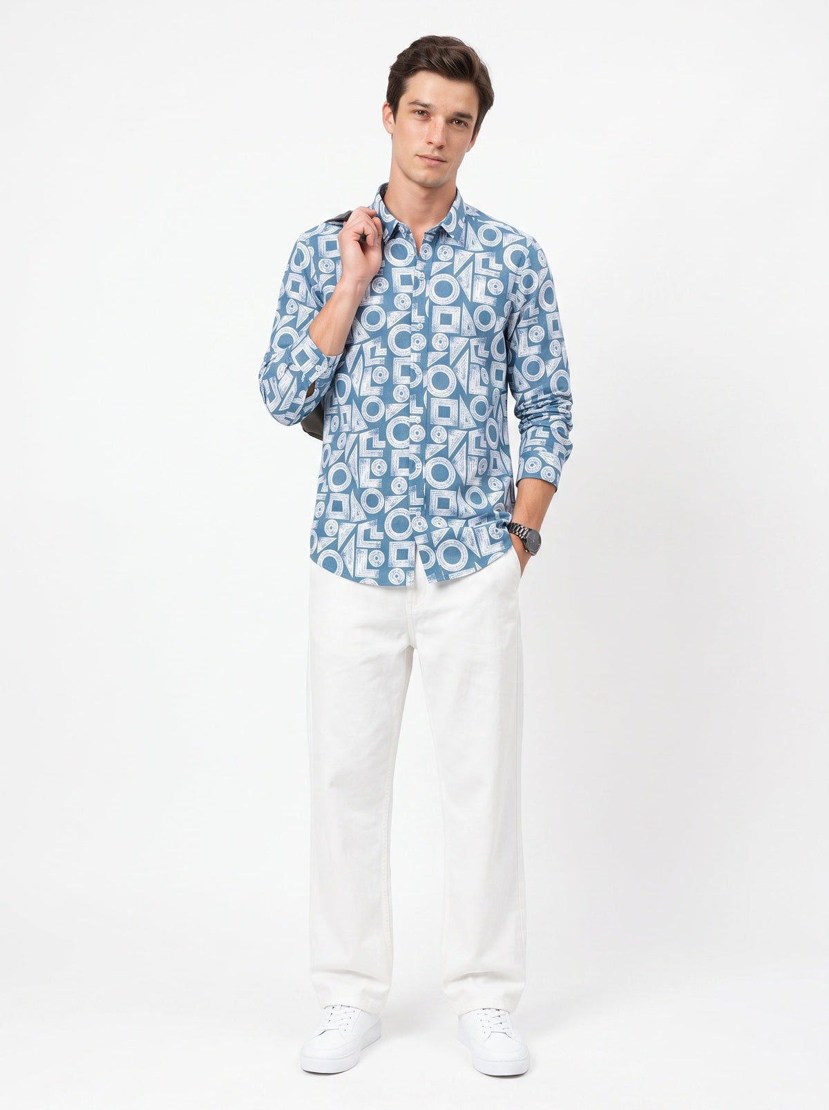 Blue & White Band Collar Geometric Print Cotton Casual Shirt For Men