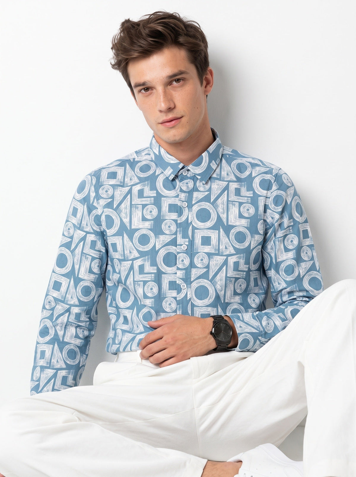 Blue & White Band Collar Geometric Print Cotton Casual Shirt For Men