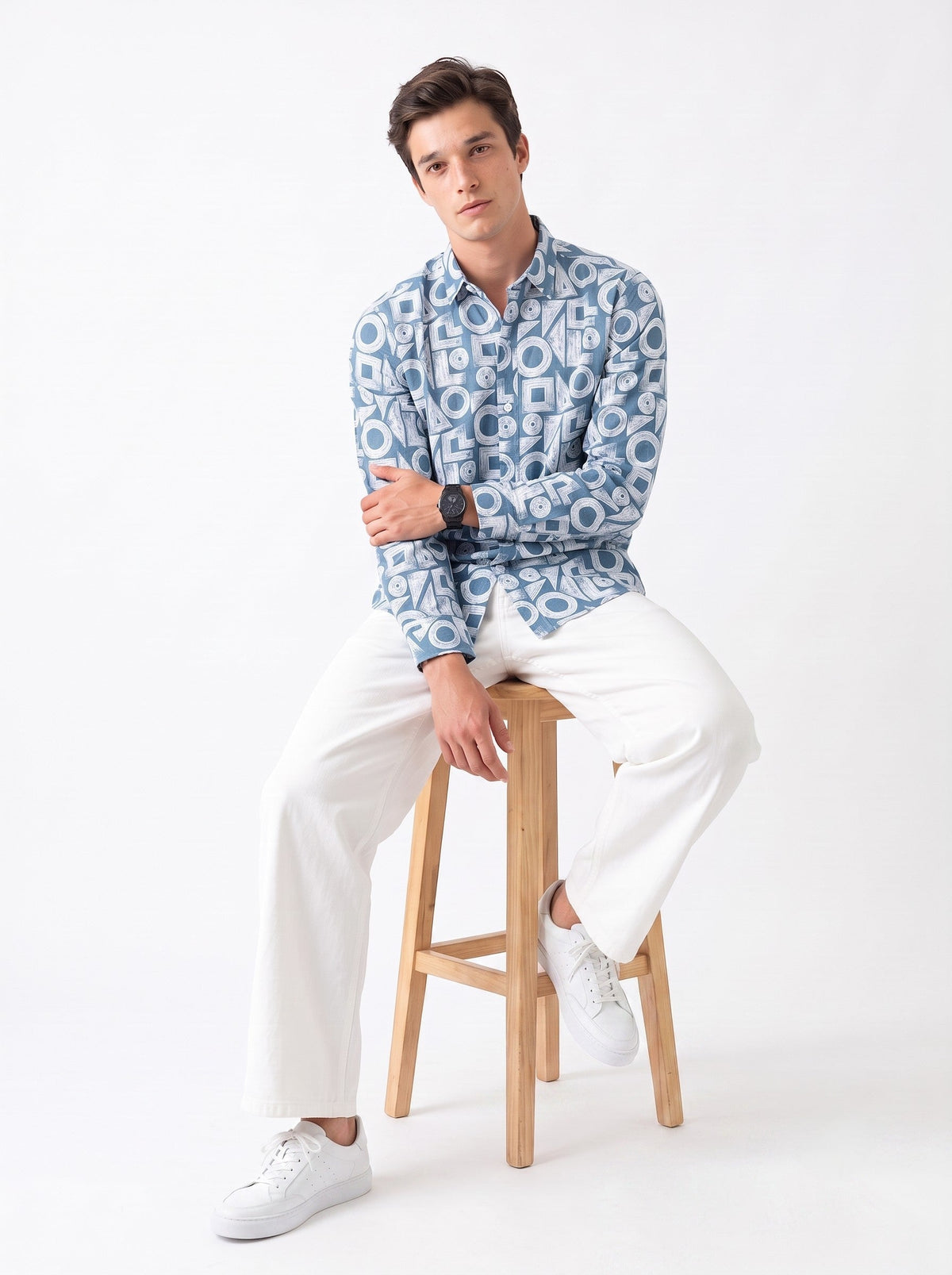 Blue & White Band Collar Geometric Print Cotton Casual Shirt For Men