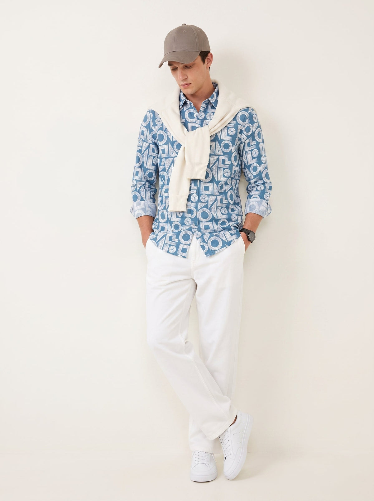 Blue & White Band Collar Geometric Print Cotton Casual Shirt For Men