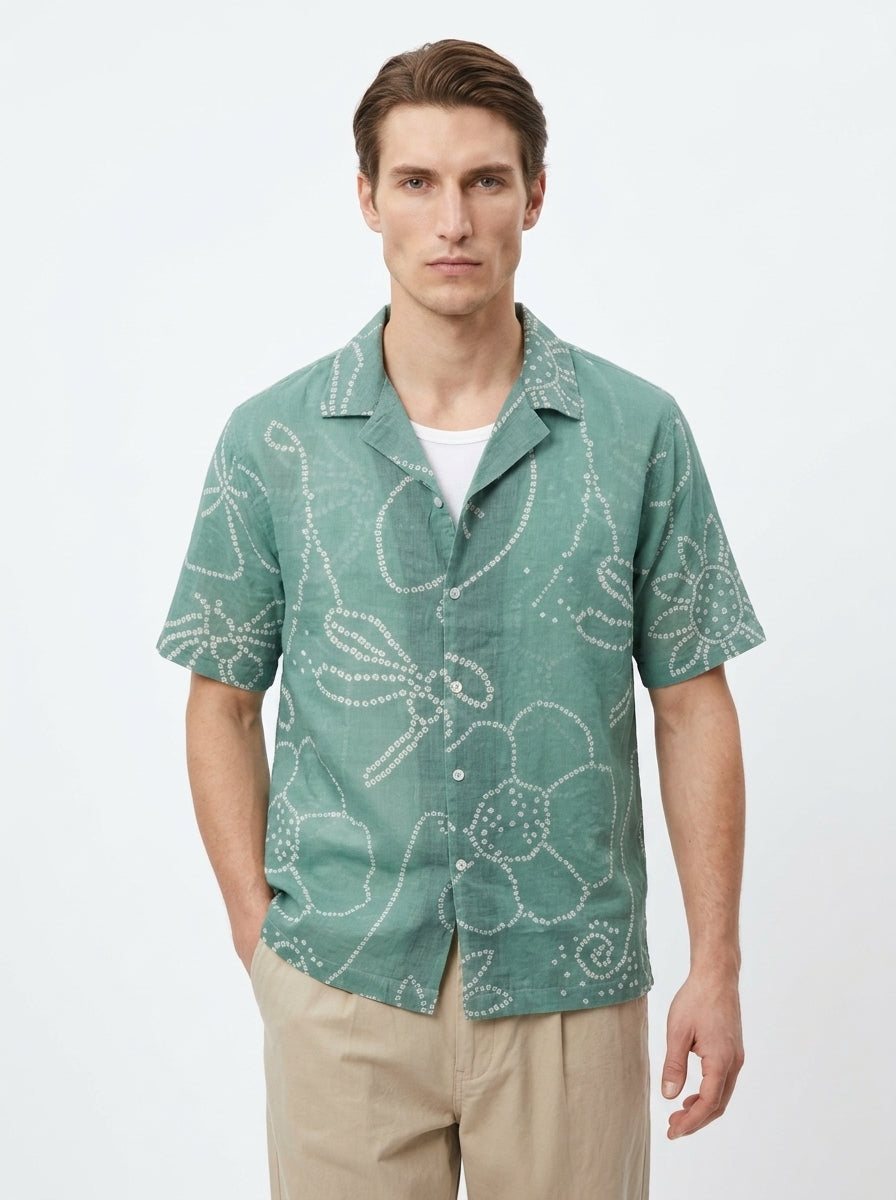 Green Cuban Collar Bandhani Print Short Sleeve Cotton Shirt For Men