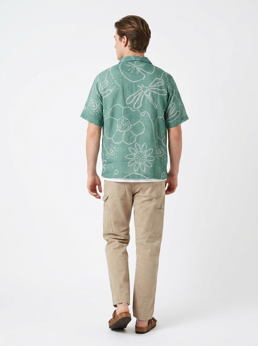 Green Cuban Collar Bandhani Print Short Sleeve Cotton Shirt For Men