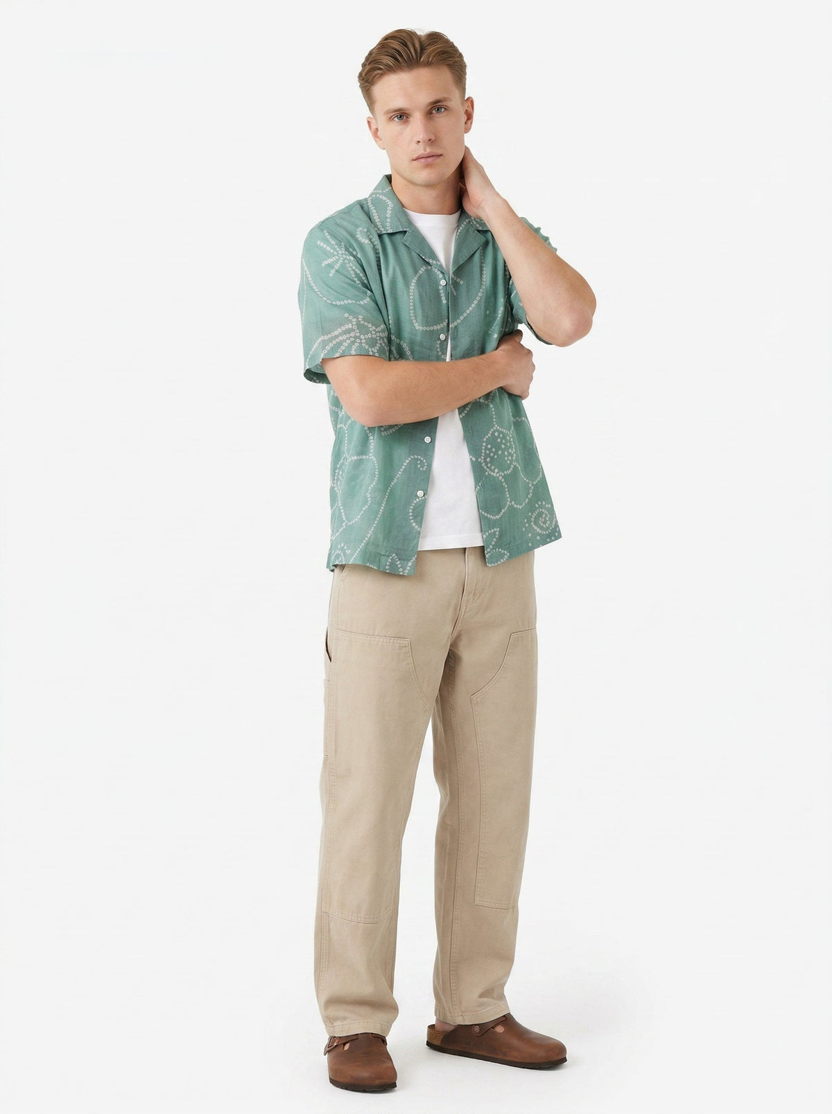Green Cuban Collar Bandhani Print Short Sleeve Cotton Shirt For Men