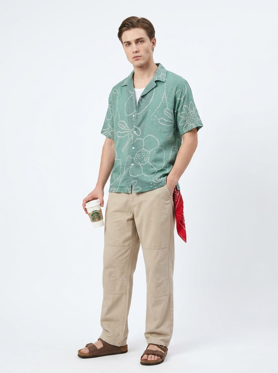 Green Cuban Collar Bandhani Print Short Sleeve Cotton Shirt For Men