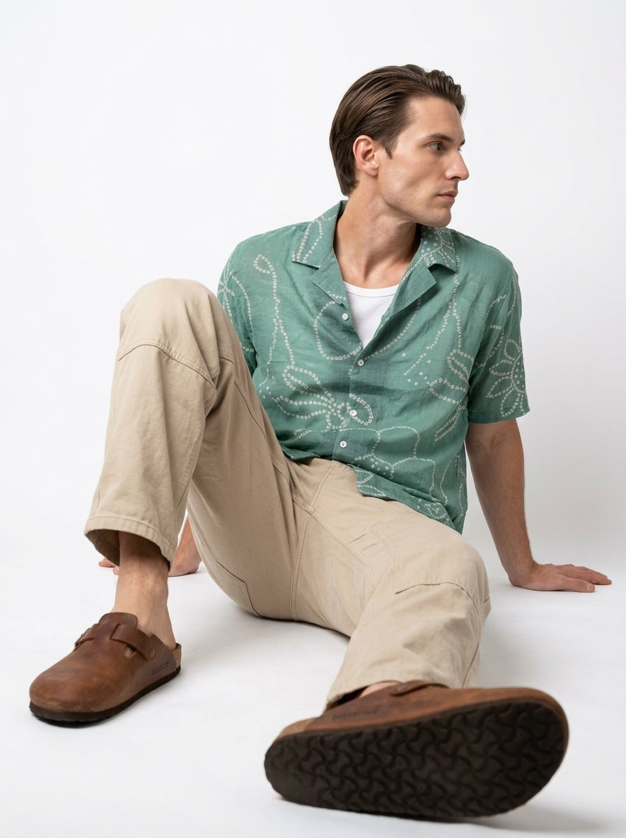 Green Cuban Collar Bandhani Print Short Sleeve Cotton Shirt For Men