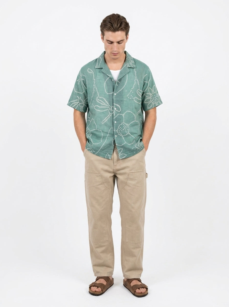 Green Cuban Collar Bandhani Print Short Sleeve Cotton Shirt For Men