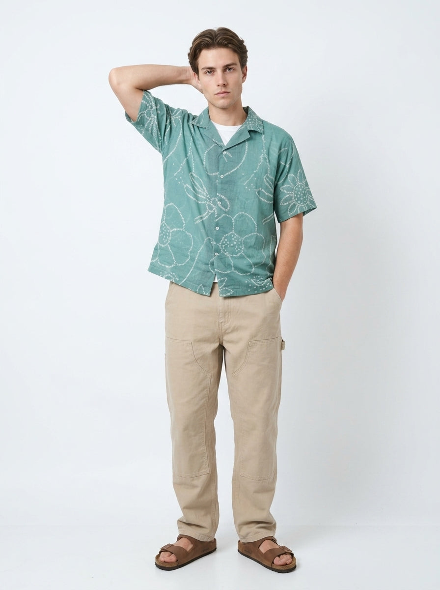 Green Cuban Collar Bandhani Print Short Sleeve Cotton Shirt For Men