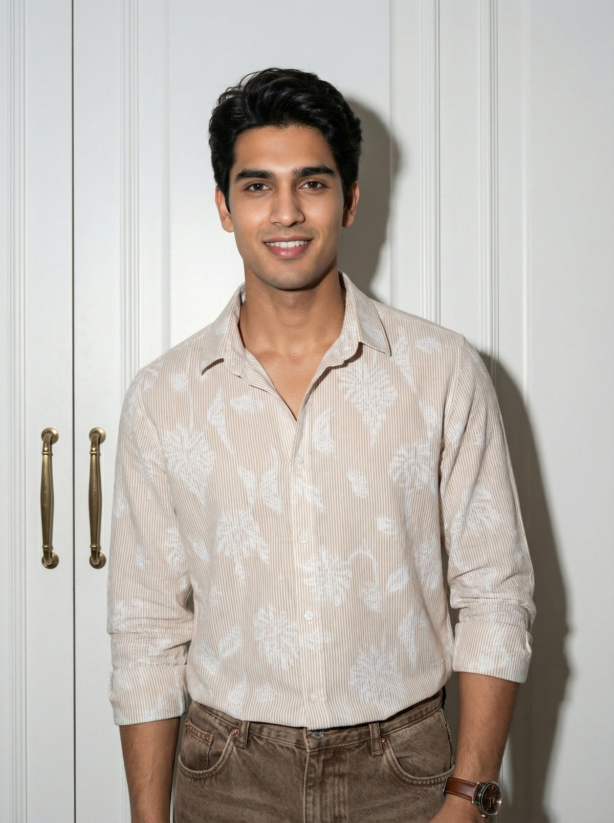 Brown Floral Print Handloom Cotton Shirt For Men