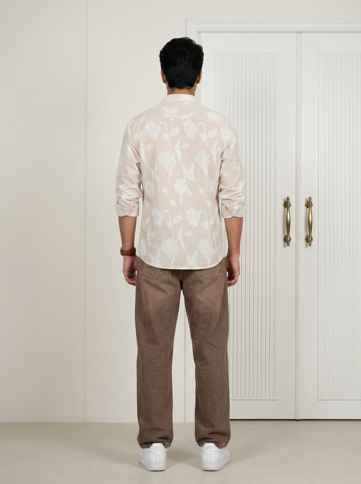 Brown Floral Print Handloom Cotton Shirt For Men