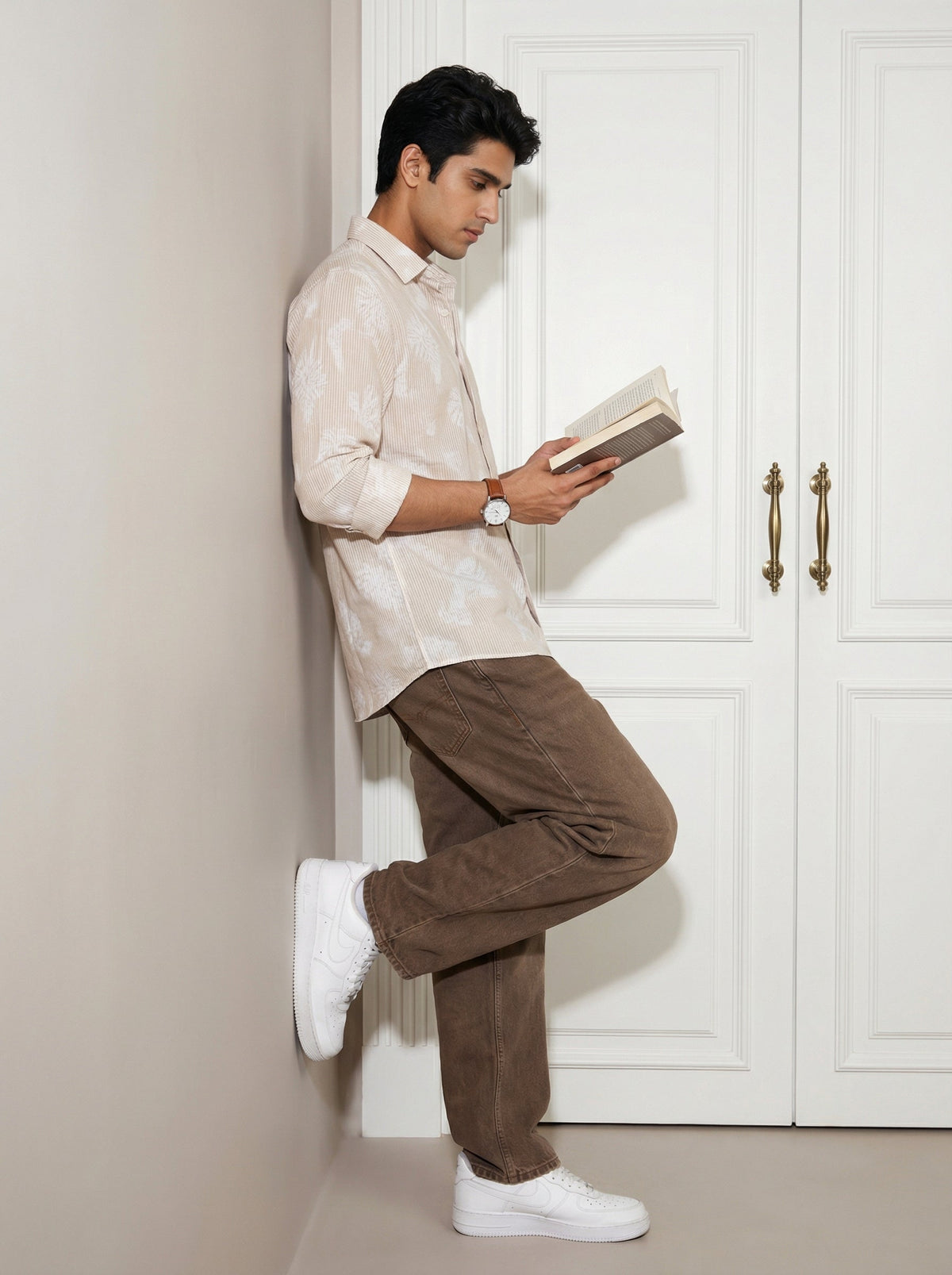 Brown Floral Print Handloom Cotton Shirt For Men