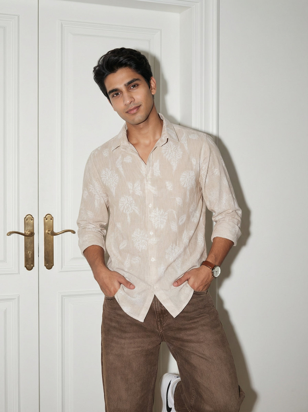 Brown Floral Print Handloom Cotton Shirt For Men