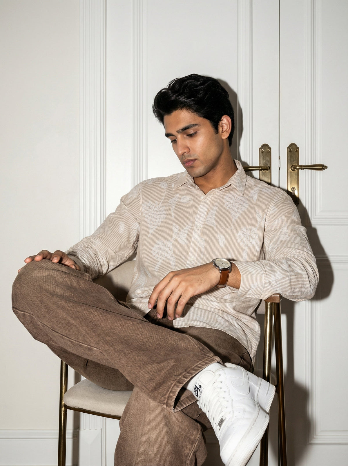Brown Floral Print Handloom Cotton Shirt For Men